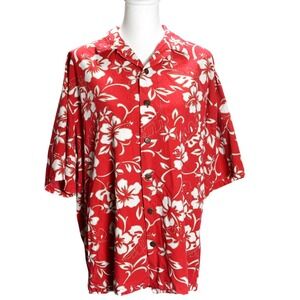 Hilo Hattie Red Floral Hawaiian Button Up Shirt Relaxed Fit Vintage Aloha Resort